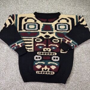 Vintage Wool Tribal Totem Sweater Hand Knitted Vintage Size Medium Hand Knit